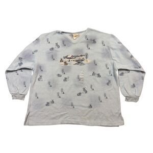 Artisans Sweatshirt Womens 2XL Blue Fleece Barn Snowy Rabbits V-Neck Pullover